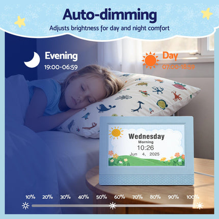 Artiss 7" Digital Day Clock Calendar Alarm LCD Children Sleep Trainer Clocks Blue.