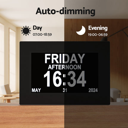 Artiss 8" Digital Day Clock Calendar Alarm Black.