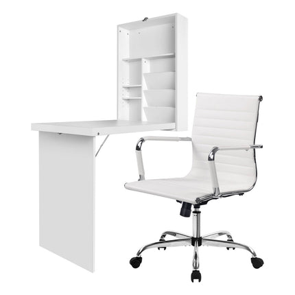 Artiss Computer Desk Office Chair Set PU Leather Wall Mount Foldable Table White.