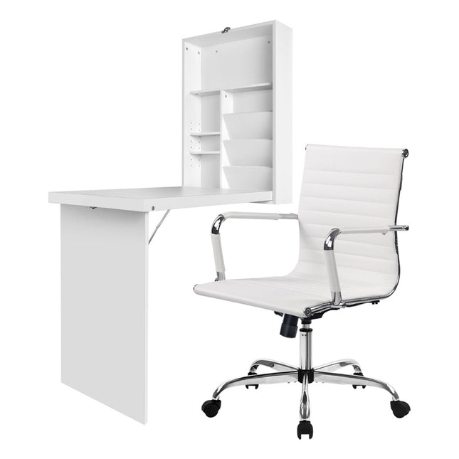 Artiss Computer Desk Office Chair Set PU Leather Wall Mount Foldable Table White.