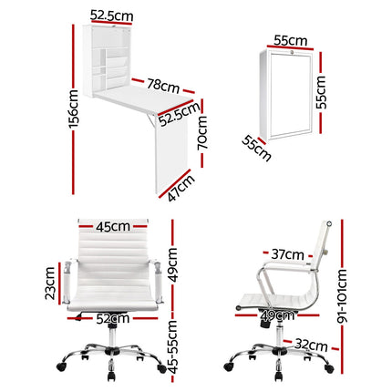 Artiss Computer Desk Office Chair Set PU Leather Wall Mount Foldable Table White.