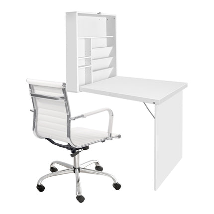 Artiss Computer Desk Office Chair Set PU Leather Wall Mount Foldable Table White.