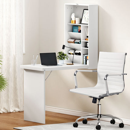 Artiss Computer Desk Office Chair Set PU Leather Wall Mount Foldable Table White.