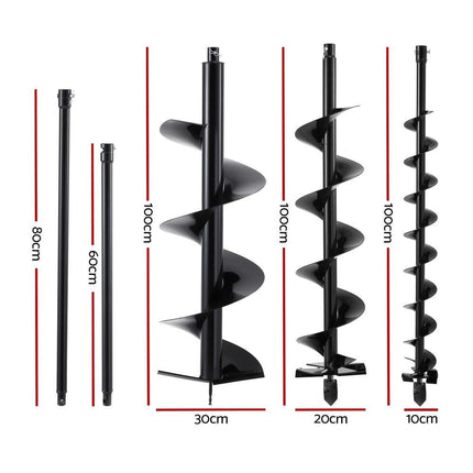 Giantz Post Hole Digger Auger Drill Bit Set 100mm 200mm 300mm Carbon Steel Black.