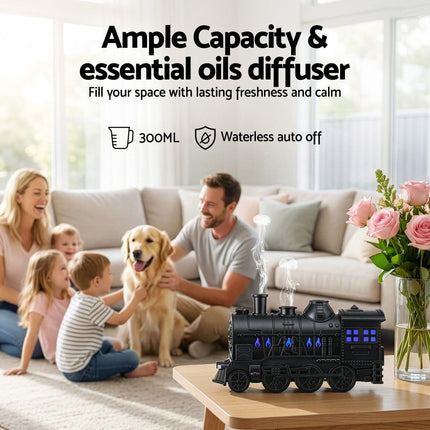 Devanti Train Aroma Diffuser Essential Oil Humidifier 300ml Smoke Ring LED Timer.