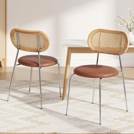 Artiss 2x Dining Chairs PU Leather Rattan Kitchen Lounge Cafe Accent Chair Brown.