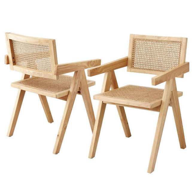 Artiss 2x Dining Chairs Wooden Rattan Seat Rubber Wood Frame.