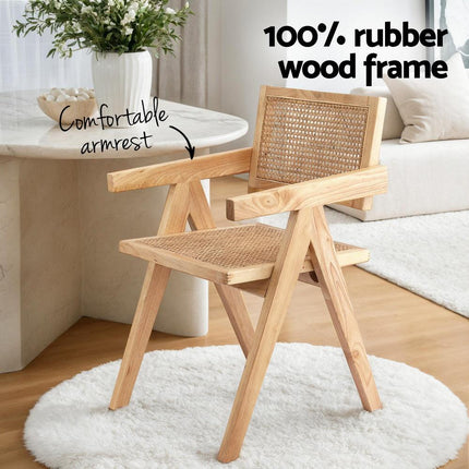 Artiss 2x Dining Chairs Wooden Rattan Seat Rubber Wood Frame.