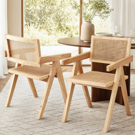 Artiss 2x Dining Chairs Wooden Rattan Seat Rubber Wood Frame.