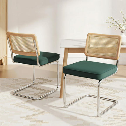 Artiss Dining Chairs Set of 2 Velvet Rattan Cantilever Green.