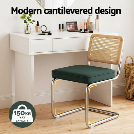 Artiss Dining Chairs Set of 4 Velvet Rattan Cantilever Green.