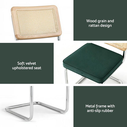 Artiss Dining Chairs Set of 4 Velvet Rattan Cantilever Green.