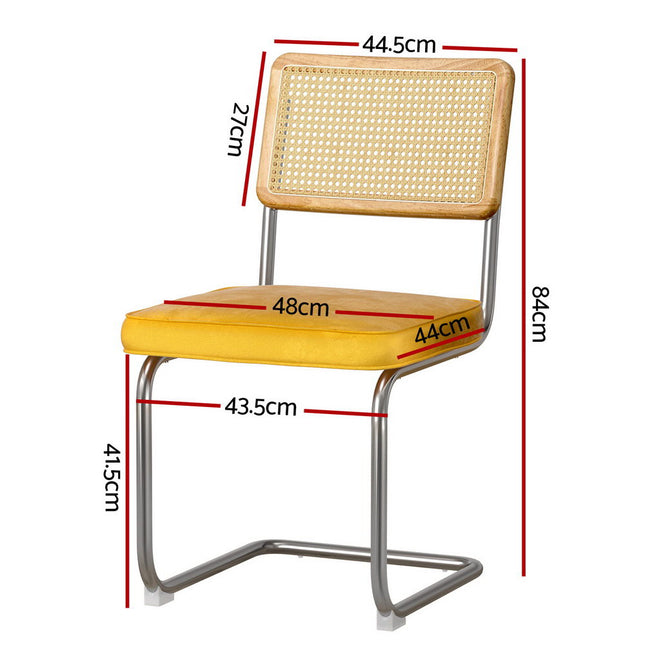 Artiss Dining Chairs Set of 4 Velvet Rattan Cantilever Yellow.