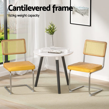 Artiss Dining Chairs Set of 4 Velvet Rattan Cantilever Yellow.