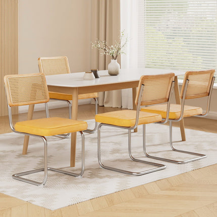Artiss Dining Chairs Set of 4 Velvet Rattan Cantilever Yellow.