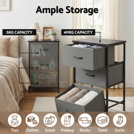 Artiss Chest of 3 Drawers Storage Dresser Tallboy Grey.