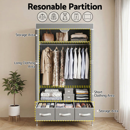 Artiss Large Portable Clothes Closet Wardrobe with Tiebacks Grey.