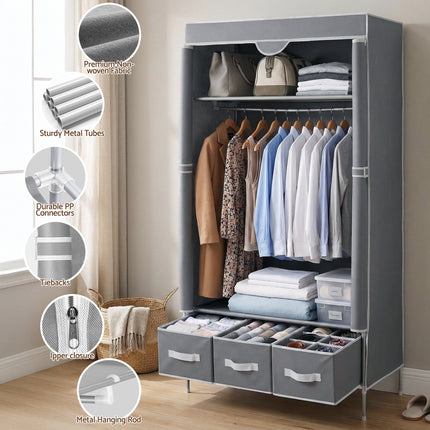 Artiss Large Portable Clothes Closet Wardrobe with Tiebacks Grey.