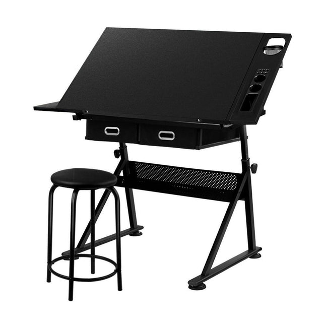 Artiss Drawing Desk Stool Set Drafting Table Adjustable Angle Tilt Drawers Black.