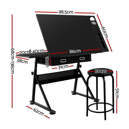 Artiss Drawing Desk Stool Set Drafting Table Adjustable Angle Tilt Drawers Black.