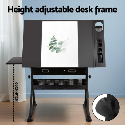 Artiss Drawing Desk Stool Set Drafting Table Adjustable Angle Tilt Drawers Black.