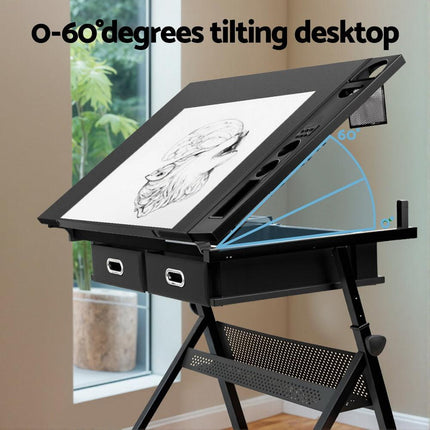 Artiss Drawing Desk Stool Set Drafting Table Adjustable Angle Tilt Drawers Black.