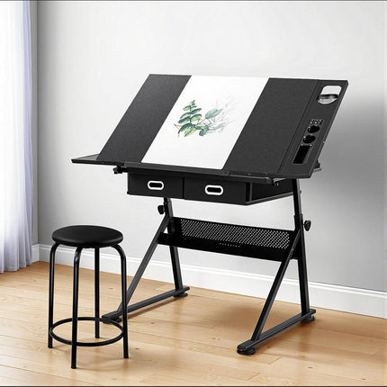 Artiss Drawing Desk Stool Set Drafting Table Adjustable Angle Tilt Drawers Black.