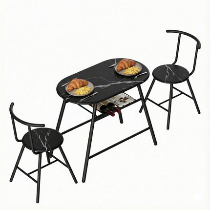 Artiss Dining Table Set 3PC Bistro Kitchen Storage Wine Rack Black Marble Style.