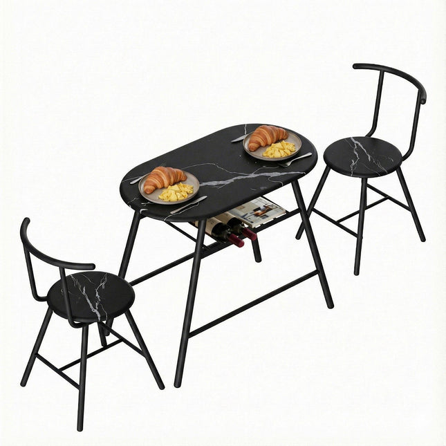Artiss Dining Table Set 3PC Bistro Kitchen Storage Wine Rack Black Marble Style.