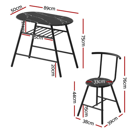 Artiss Dining Table Set 3PC Bistro Kitchen Storage Wine Rack Black Marble Style.