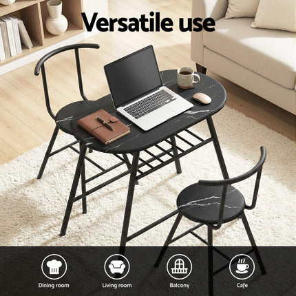 Artiss Dining Table Set 3PC Bistro Kitchen Storage Wine Rack Black Marble Style.