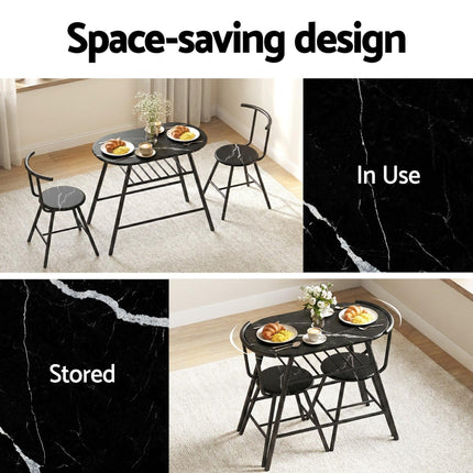 Artiss Dining Table Set 3PC Bistro Kitchen Storage Wine Rack Black Marble Style.