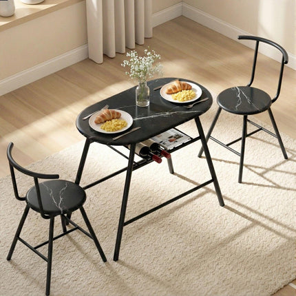 Artiss Dining Table Set 3PC Bistro Kitchen Storage Wine Rack Black Marble Style.