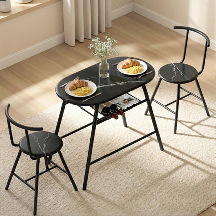Artiss Dining Table Set 3PC Bistro Kitchen Storage Wine Rack Black Marble Style.