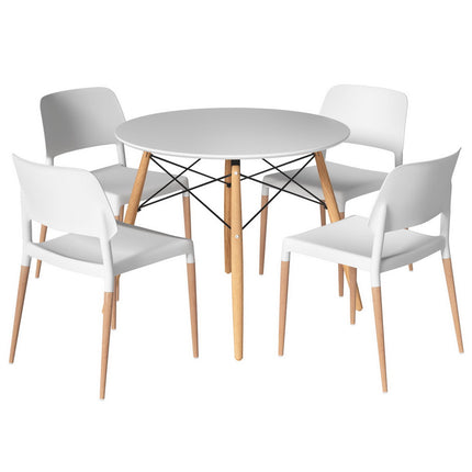 1 Artiss Dining Table and 4 Chairs Set Round White.