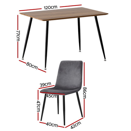 1 Artiss Dining Table and 4 Chairs Set Grey Velvet.