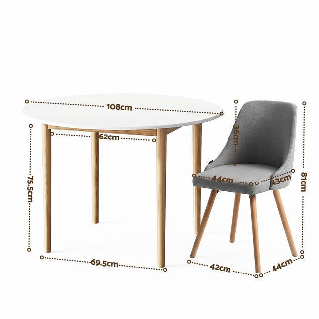 Artiss Round Dining Table and Chairs Set 5pcs Compact Kitchen Furniture White Natural Wood & Grey.