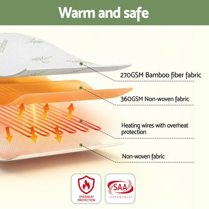 Giselle Electric Blanket Bamboo Fabric Double Fitted Heated Pad Underlay Washable Winter.