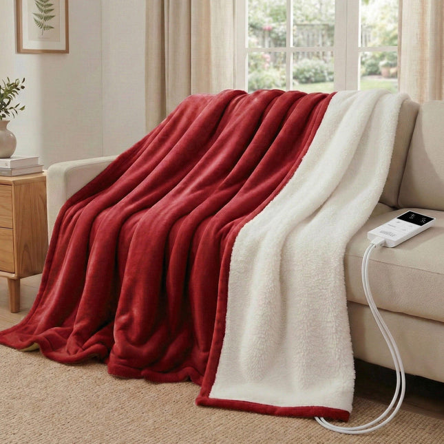 Giselle Electric Throw Rug Double Size 200x180cm Fleece Flannel Heated Blanket Burgundy.