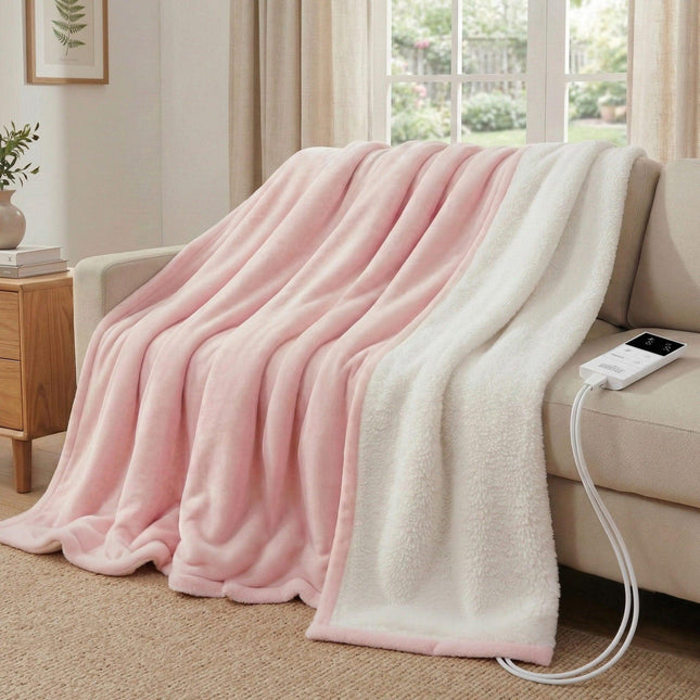 Giselle Electric Throw Rug Double Size 200x180cm Fleece Flannel Heated Blanket Pink.