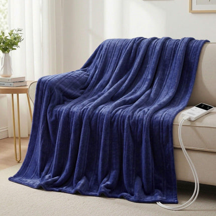 Giselle Electric Throw Rug Double Size 200x180cm Coral Fleece Heated Blanket Navy Blue.