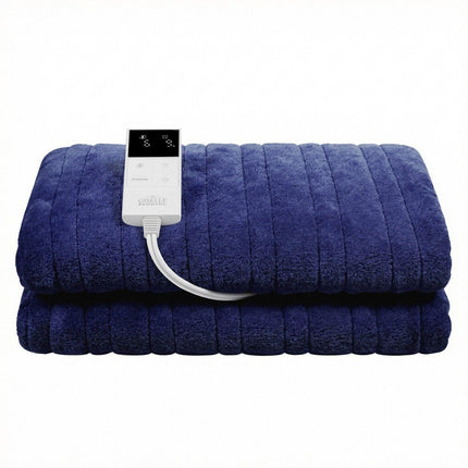 Giselle Electric Throw Rug Double Size 200x180cm Coral Fleece Heated Blanket Navy Blue.
