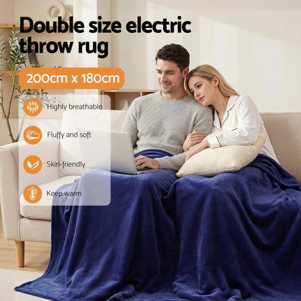 Giselle Electric Throw Rug Double Size 200x180cm Coral Fleece Heated Blanket Navy Blue.