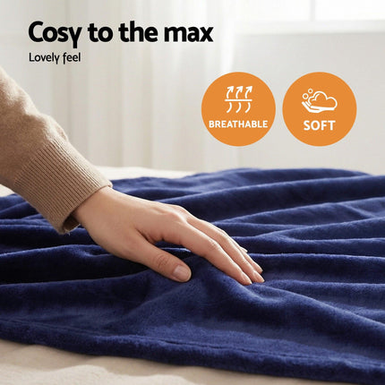 Giselle Electric Throw Rug Double Size 200x180cm Coral Fleece Heated Blanket Navy Blue.