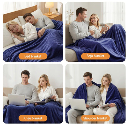 Giselle Electric Throw Rug Double Size 200x180cm Coral Fleece Heated Blanket Navy Blue.