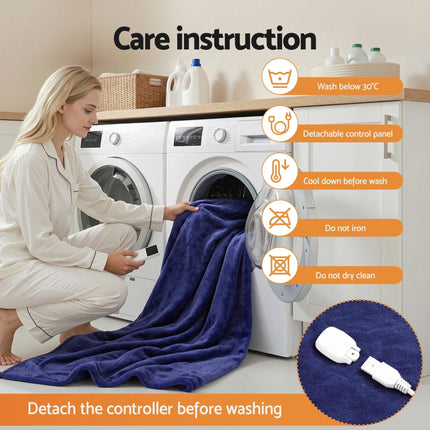 Giselle Electric Throw Rug Double Size 200x180cm Coral Fleece Heated Blanket Navy Blue.