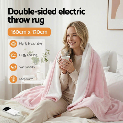 Giselle Electric Throw Rug Dual Side Fleece Flannel Heated Blanket Pink.