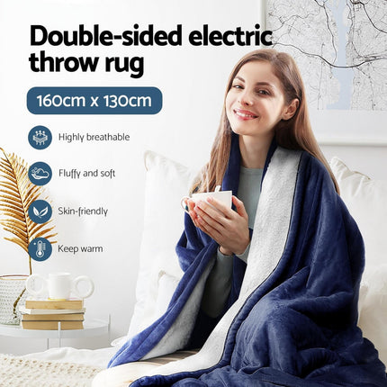 Giselle Electric Throw Rug Heated Blanket Washable Snuggle Flannel Winter Navy.