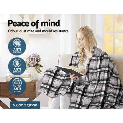 Giselle Bedding Electric Throw Rug Flannel Snuggle Blanket Washable Heated Grey and White Checkered.
