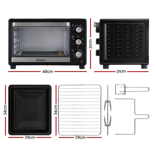 Devanti 30L Convection Oven Electric Fryer Ovens 1600W.